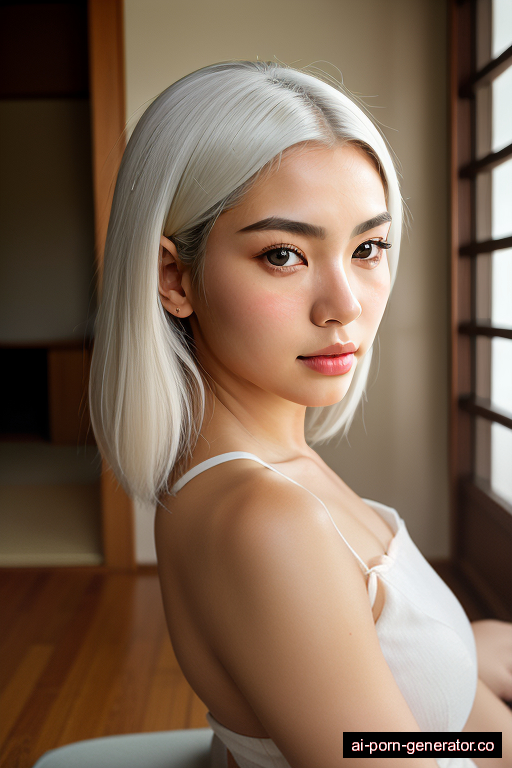 japanese athletic young-adult woman with large boobs and white hair of shoulder length, sitting in bedroom, wearing naked, with shaved pussy