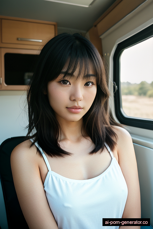 japanese athletic young-adult woman with medium boobs and blonde hair of shoulder length, standing in camper van, wearing lingerie, with shaved pussy