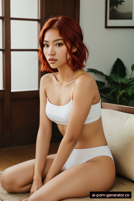 indonesian athletic young-adult woman with small boobs and red hair of shoulder length, sitting in bedroom, wearing naked, with shaved pussy