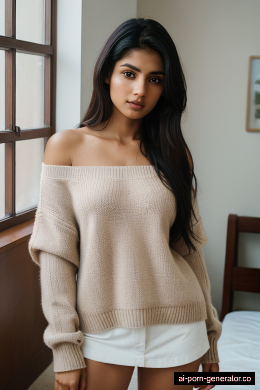 indian average built young-adult woman with medium boobs and dark hair of shoulder length, standing in bedroom, wearing sweater, with shaved pussy