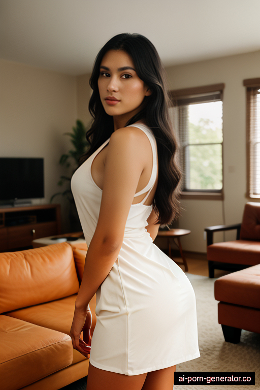 native american average built young-adult woman with large boobs and dark hair of mid-back length, standing in living room, wearing dress, with shaved pussy