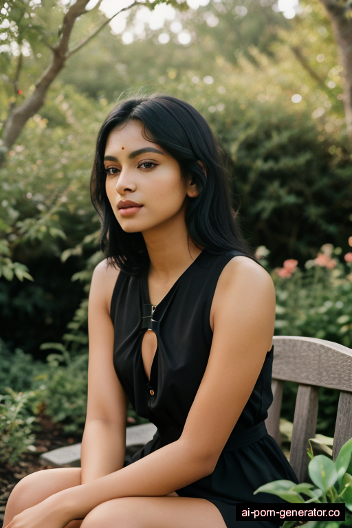 indian athletic young-adult woman with small boobs and black hair of shoulder length, sitting in garden, wearing harness, with shaved pussy