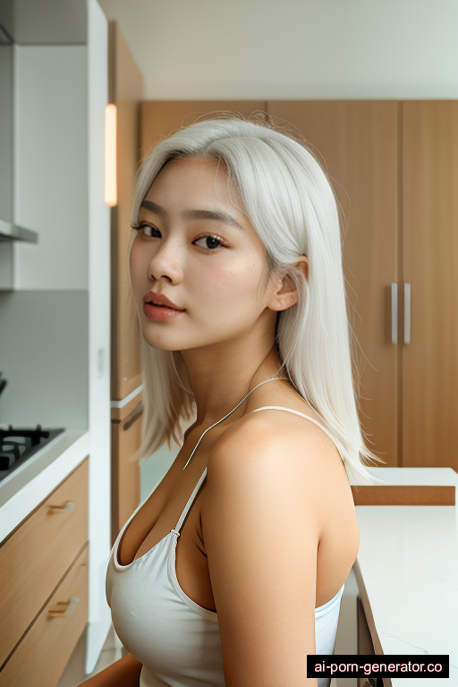 korean curvy young-adult woman with large boobs and white hair of shoulder length, bending over in kitchen, wearing lingerie, with shaved pussy