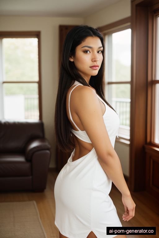 native american athletic young-adult woman with large boobs and dark hair of mid-back length, standing in living room, wearing dress, with shaved pussy