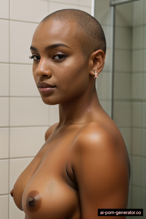 black fat old woman with medium boobs and purple hair of bald length, standing in shower, wearing naked, with shaved pussy