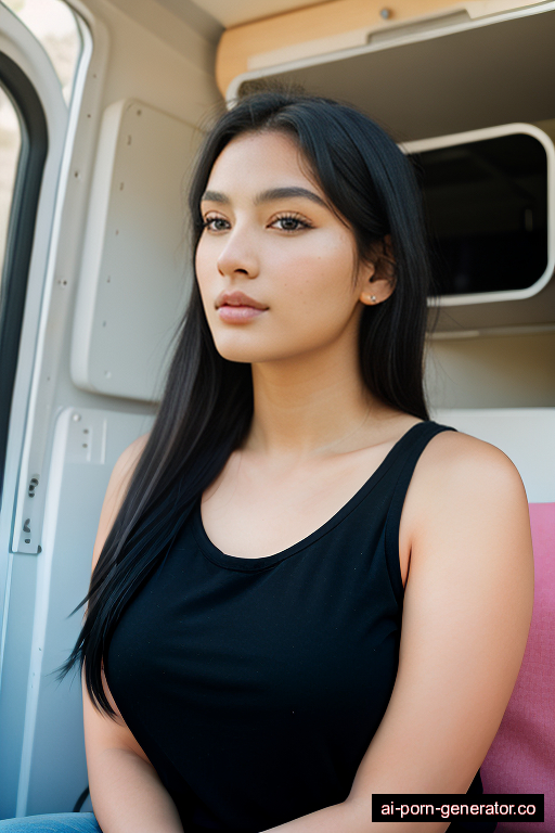 brazilian curvy young-adult woman with large boobs and black hair of shoulder length, sitting in camper van, wearing shirt, with shaved pussy