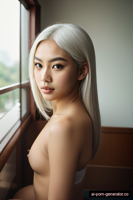 south-east asian athletic young-adult woman with medium boobs and white hair of mid-back length, bending over in boat, wearing stockings, with shaved pussy