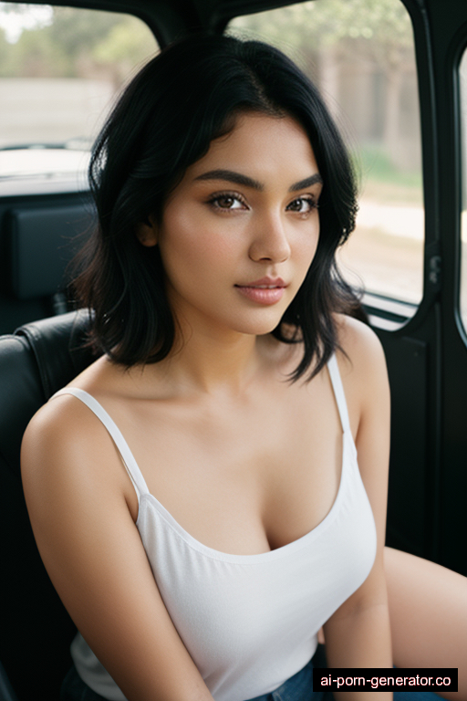 brazilian curvy young-adult woman with large boobs and black hair of shoulder length, bending over in camper van, wearing shirt, with shaved pussy