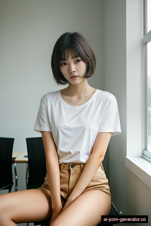 korean skinny teen woman with small boobs and dark hair of pixie cut length, sitting in classroom, wearing t-shirt, with shaved pussy