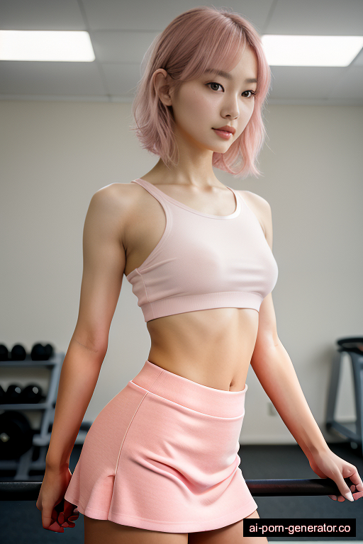 japanese skinny adult woman with small boobs and pink hair of shoulder length, standing in gym, wearing skirt, with shaved pussy