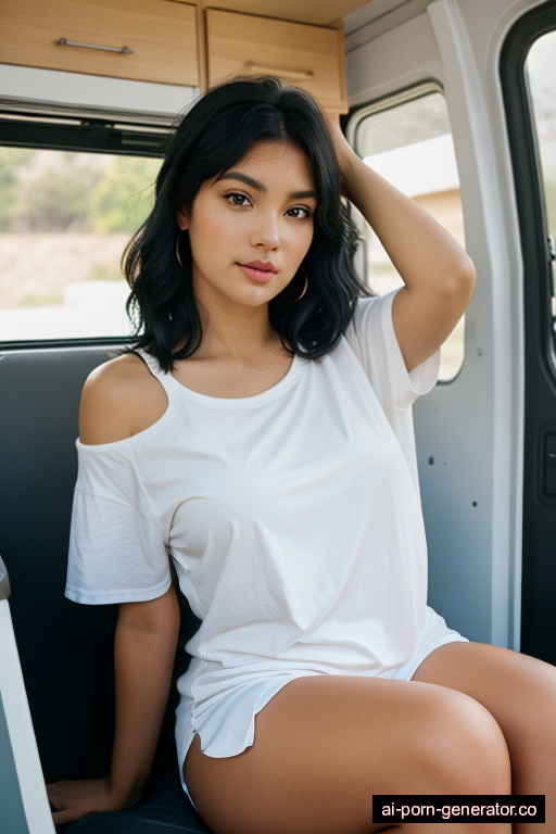 brazilian curvy young-adult woman with large boobs and black hair of shoulder length, sitting in camper van, wearing t-shirt, with shaved pussy