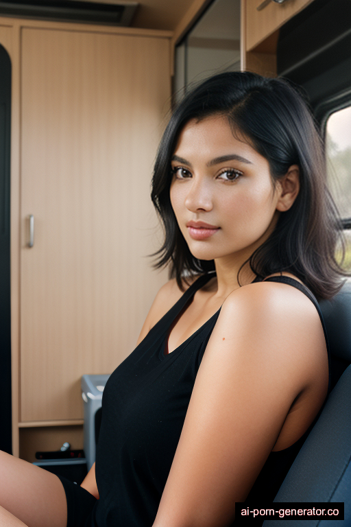 brazilian curvy young-adult woman with large boobs and black hair of shoulder length, sitting in camper van, wearing shirt, with shaved pussy