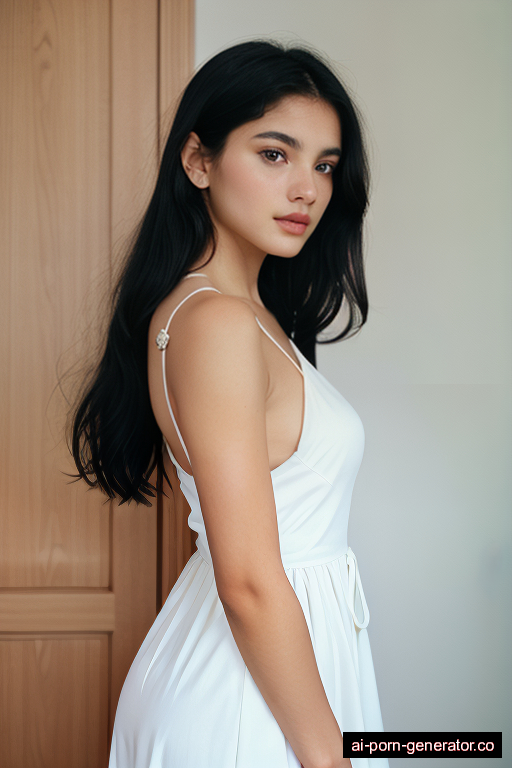 white athletic mature woman with small boobs and black hair of shoulder length, standing in bedroom, wearing dress, with shaved pussy