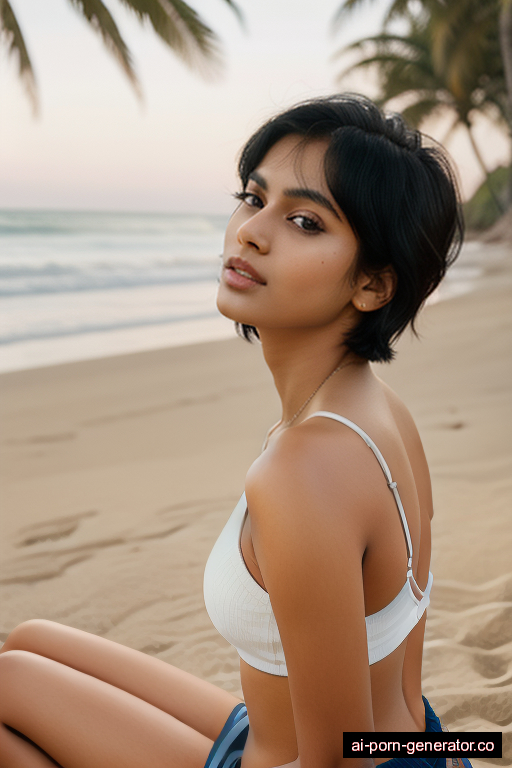 indian athletic mature woman with large boobs and black hair of pixie cut length, sitting in beach, wearing swimsuit, with shaved pussy