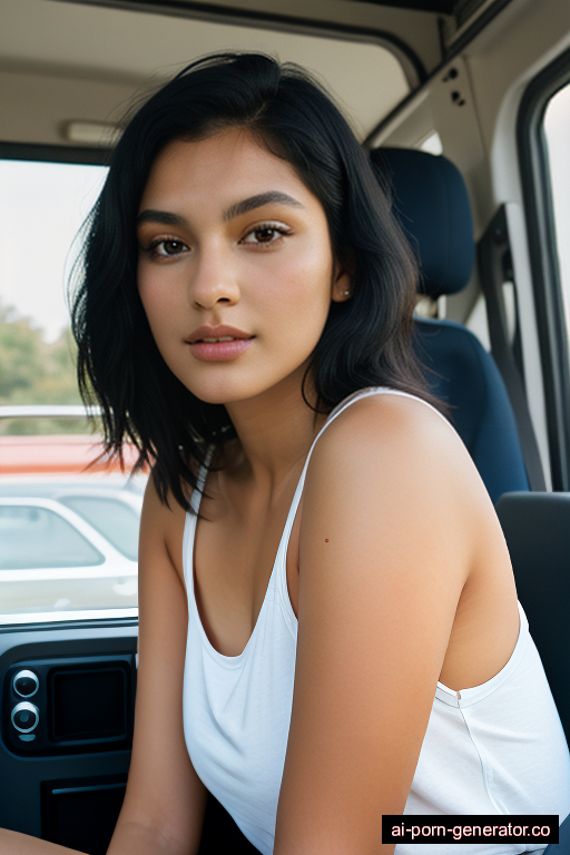 brazilian curvy young-adult woman with large boobs and black hair of shoulder length, sitting in camper van, wearing shirt, with shaved pussy