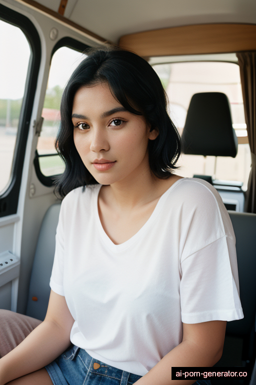 brazilian curvy young-adult woman with large boobs and black hair of shoulder length, sitting in camper van, wearing shirt, with shaved pussy