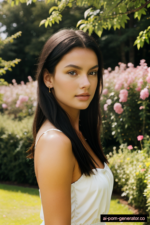 scandinavian average built young-adult woman with large boobs and dark hair of shoulder length, splitting legs in garden, wearing swimsuit, with shaved pussy