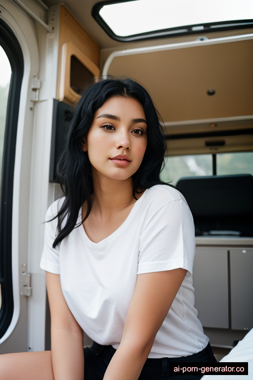 brazilian curvy young-adult woman with large boobs and black hair of shoulder length, sitting in camper van, wearing shirt, with shaved pussy