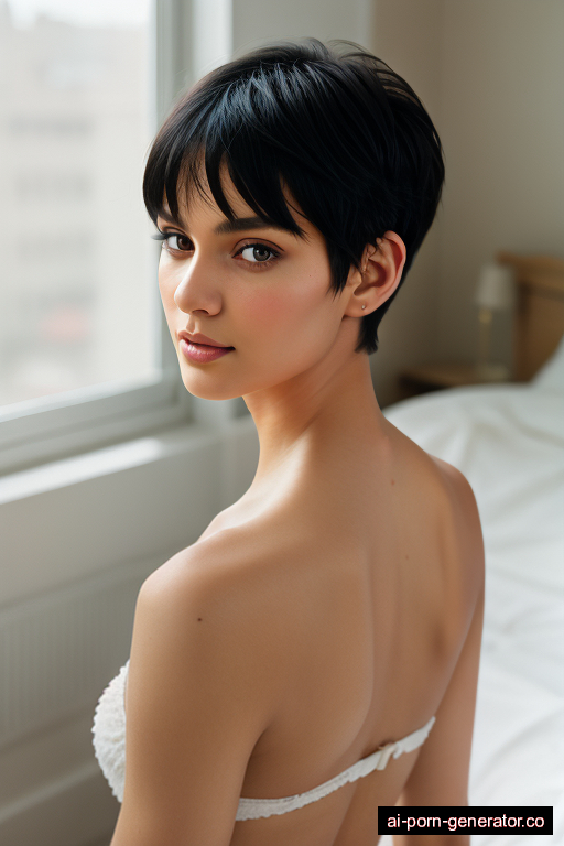 white skinny young-adult woman with small boobs and black hair of pixie cut length, bending over in bedroom, wearing naked, with shaved pussy