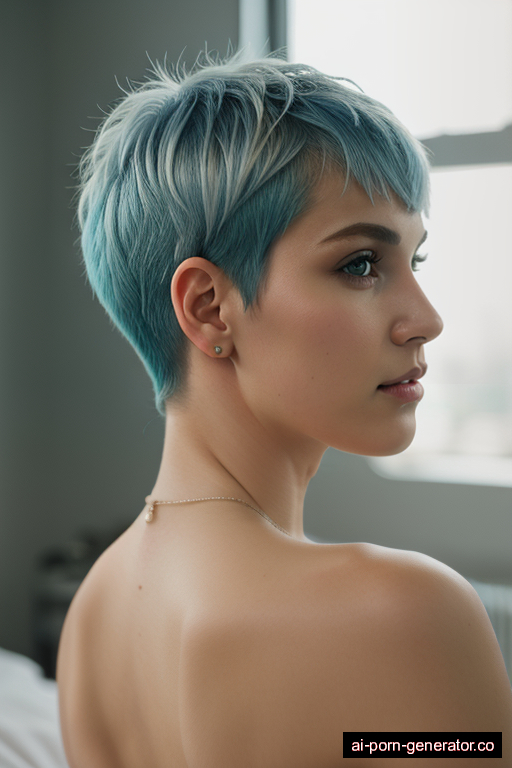 white athletic young-adult woman with medium boobs and blue hair of pixie cut length, on her knees in hospital, wearing naked, with shaved pussy