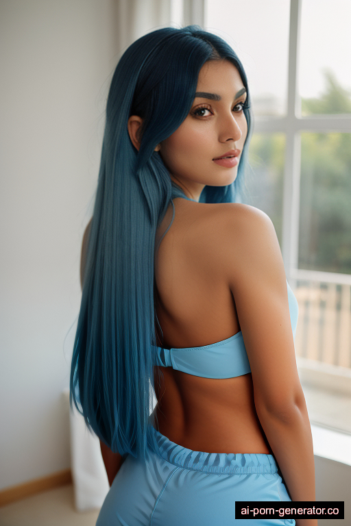 middle eastern athletic mature woman with large boobs and blue hair of mid-back length, bending over in bedroom, wearing naked, with hairy pussy