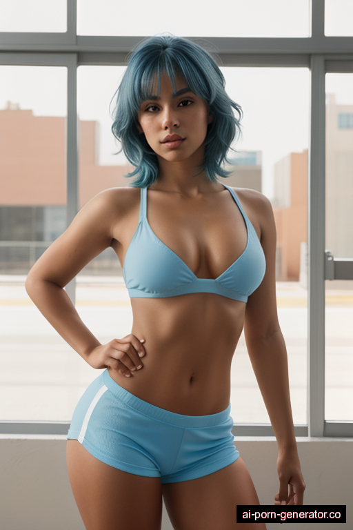 latino athletic young-adult woman with large boobs and blue hair of shoulder length, standing in gym, wearing naked, with trimmed pussy