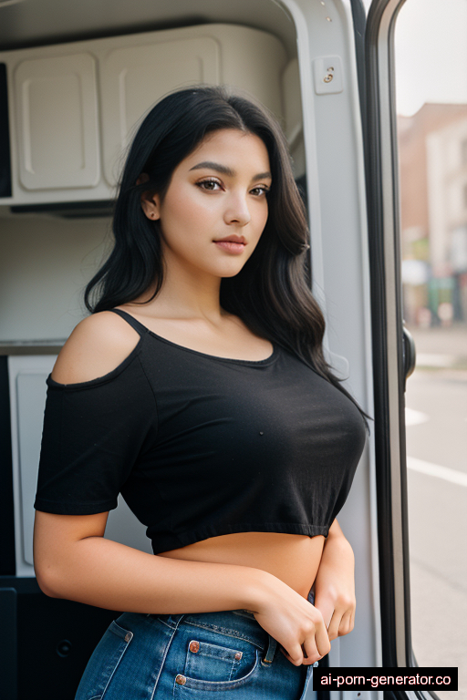 brazilian curvy young-adult woman with large boobs and black hair of shoulder length, bending over in camper van, wearing shirt, with shaved pussy