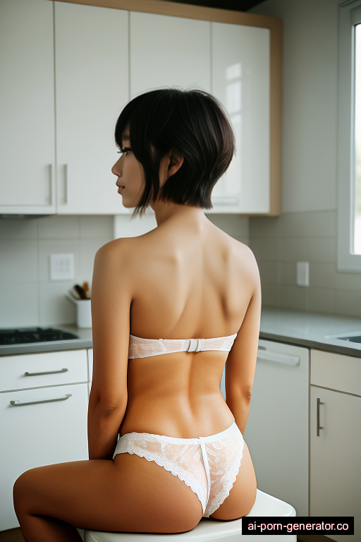 japanese average built young-adult woman with large boobs and dark hair of pixie cut length, sitting in kitchen, wearing naked, with trimmed pussy