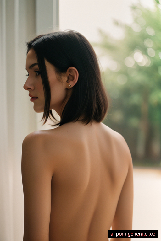 white skinny young-adult woman with small boobs and dark hair of shoulder length, bending over in sauna, wearing naked, with shaved pussy