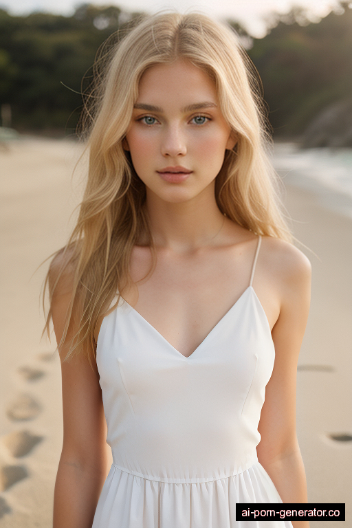 white skinny teen woman with small boobs and blonde hair of shoulder length, standing in beach, wearing dress, with shaved pussy