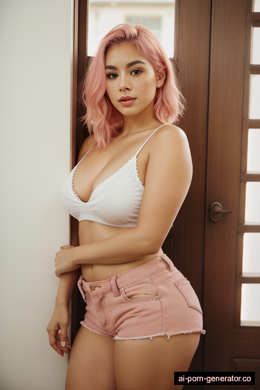 mexican curvy young-adult woman with medium boobs and pink hair of shoulder length, splitting legs in bedroom, wearing shorts, with shaved pussy