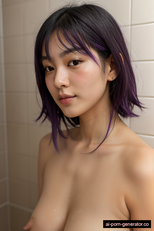 japanese fat old woman with small boobs and purple hair of shoulder length, splitting legs in shower, wearing naked, with shaved pussy