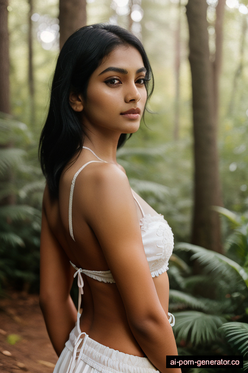 indian athletic young-adult woman with medium boobs and black hair of mid-back length, splitting legs in forest, wearing naked, with shaved pussy