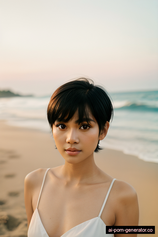 indonesian skinny young-adult woman with medium boobs and black hair of pixie cut length, standing in beach, wearing lingerie, with shaved pussy