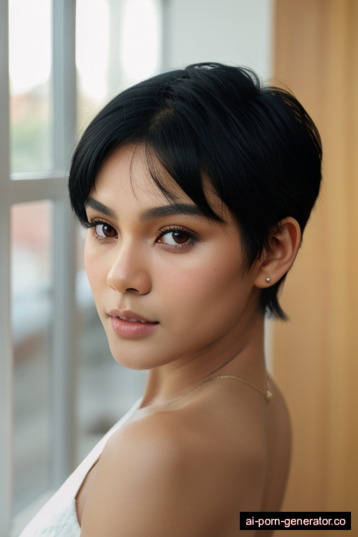 filipino skinny young-adult woman with medium boobs and black hair of pixie cut length, standing in classroom, wearing naked, with shaved pussy