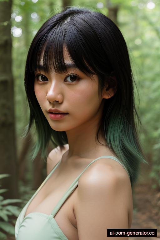 japanese athletic teen woman with medium boobs and green hair of shoulder length, standing in forest, wearing swimsuit, with shaved pussy