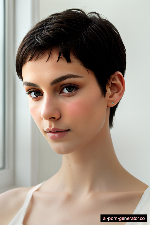 white skinny young-adult woman with small boobs and dark hair of pixie cut length, standing in bedroom, wearing naked, with shaved pussy