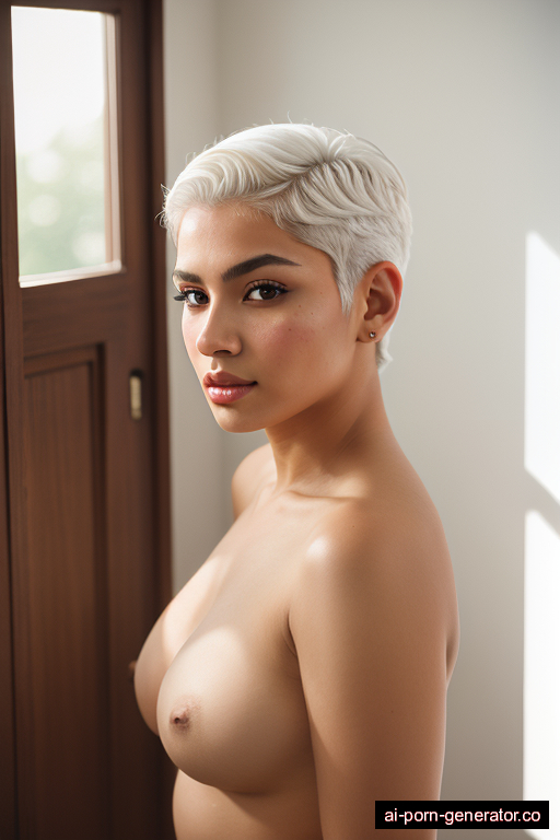 latino curvy mature woman with medium boobs and white hair of mid-back length, standing in bedroom, wearing naked, with shaved pussy