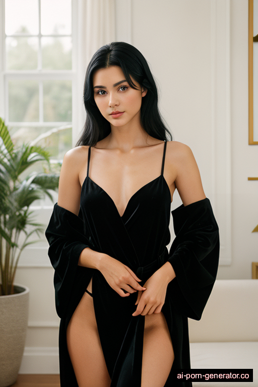 russian skinny young-adult woman with small boobs and black hair of shoulder length, splitting legs in bedroom, wearing bathrobe, with shaved pussy