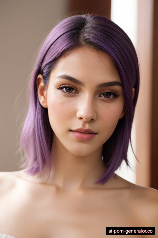 brazilian skinny young-adult woman with medium boobs and purple hair of shoulder length, splitting legs in classroom, wearing naked, with shaved pussy