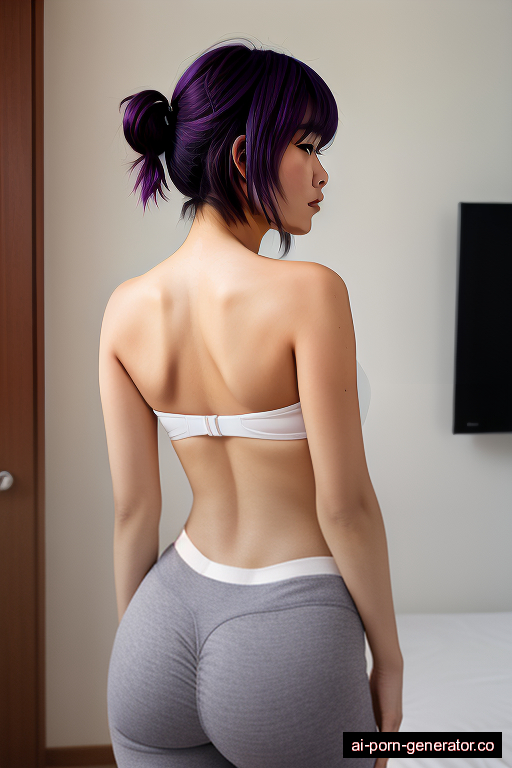 japanese curvy young-adult woman with medium boobs and purple hair of pixie cut length, bending over in classroom, wearing yoga pants, with trimmed pussy