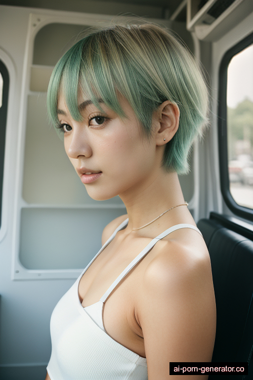 japanese athletic young-adult woman with small boobs and green hair of pixie cut length, bending over in camper van, wearing crop top, with shaved pussy