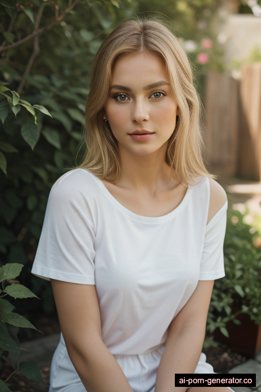 russian average built adult woman with small boobs and blonde hair of shoulder length, sitting in garden, wearing t-shirt, with shaved pussy