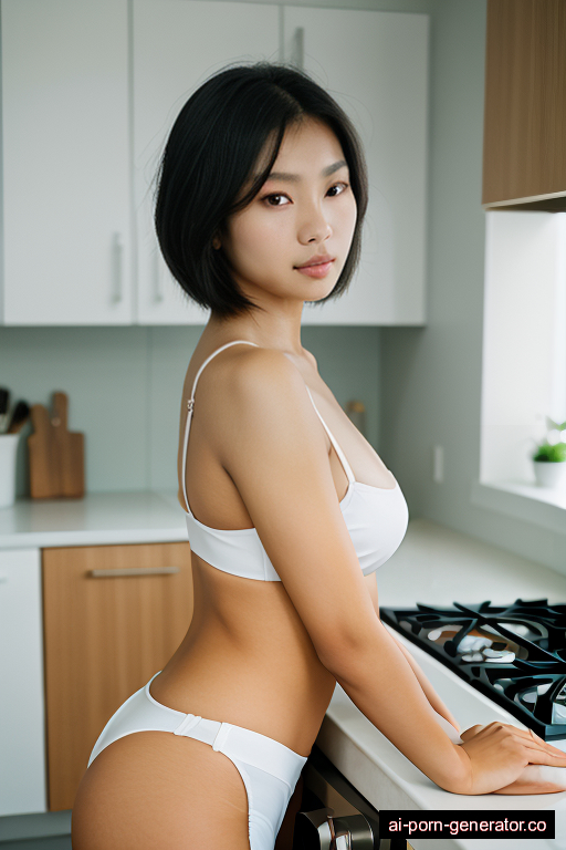 south-east asian average built young-adult woman with medium boobs and dark hair of shoulder length, splitting legs in kitchen, wearing naked, with shaved pussy