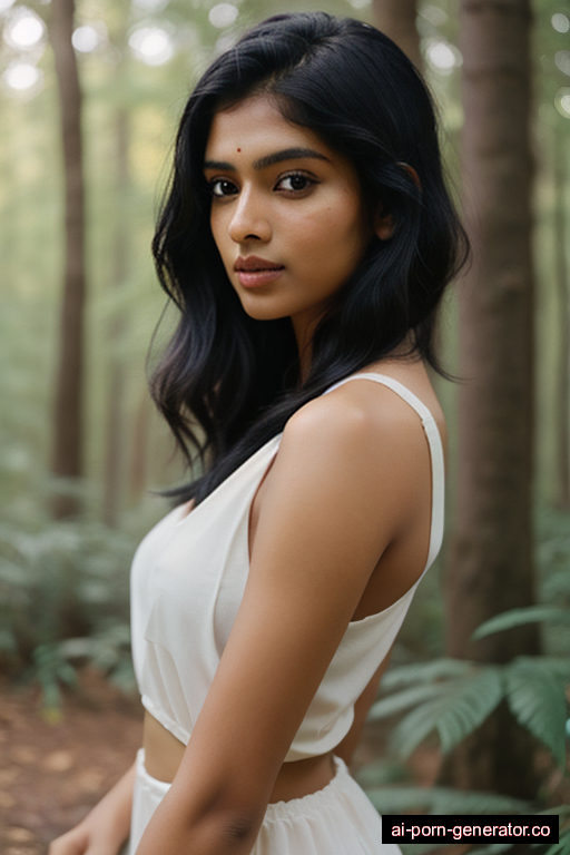 indian athletic young-adult woman with large boobs and black hair of mid-back length, splitting legs in forest, wearing naked, with trimmed pussy