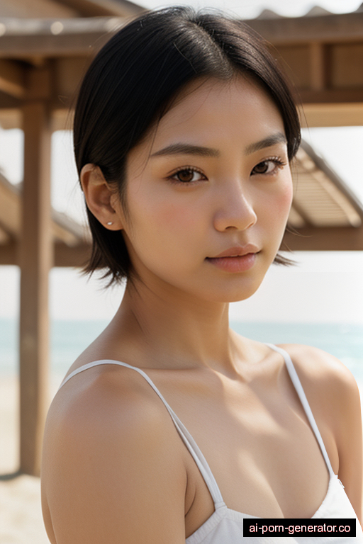 japanese athletic young-adult woman with medium boobs and dark hair of shoulder length, splitting legs in beach, wearing naked, with shaved pussy