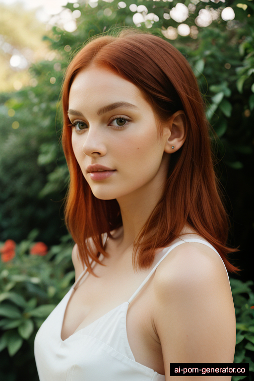 white average built young-adult woman with medium boobs and red hair of shoulder length, standing in garden, wearing swimsuit, with shaved pussy