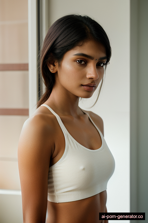 indian athletic young-adult woman with medium boobs and blonde hair of shoulder length, standing in bedroom, wearing naked, with shaved pussy