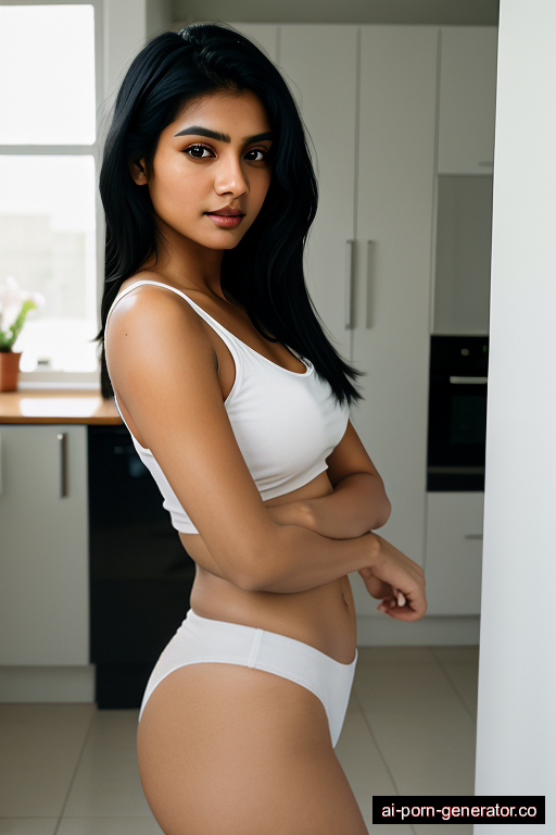 indian athletic young-adult woman with medium boobs and black hair of shoulder length, standing in kitchen, wearing bra only, with shaved pussy