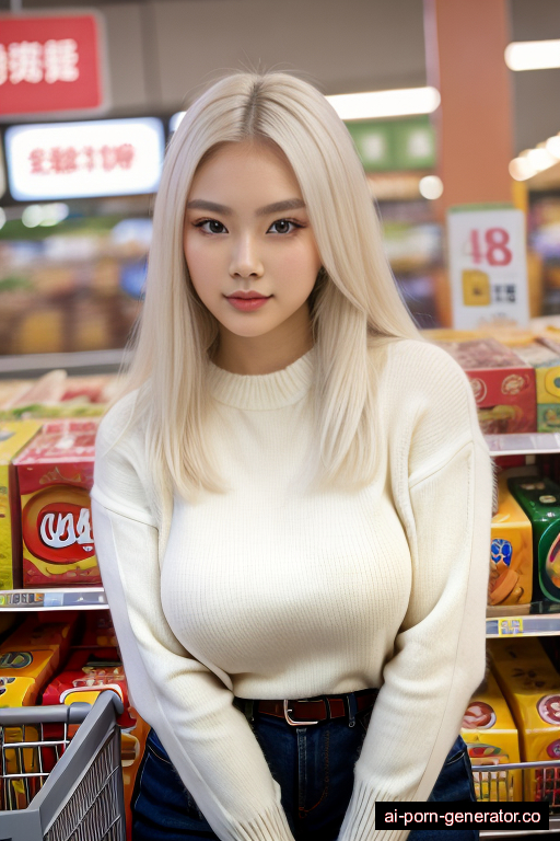 chinese curvy teen woman with large boobs and white hair of mid-back length, standing in supermarket, wearing sweater, with shaved pussy